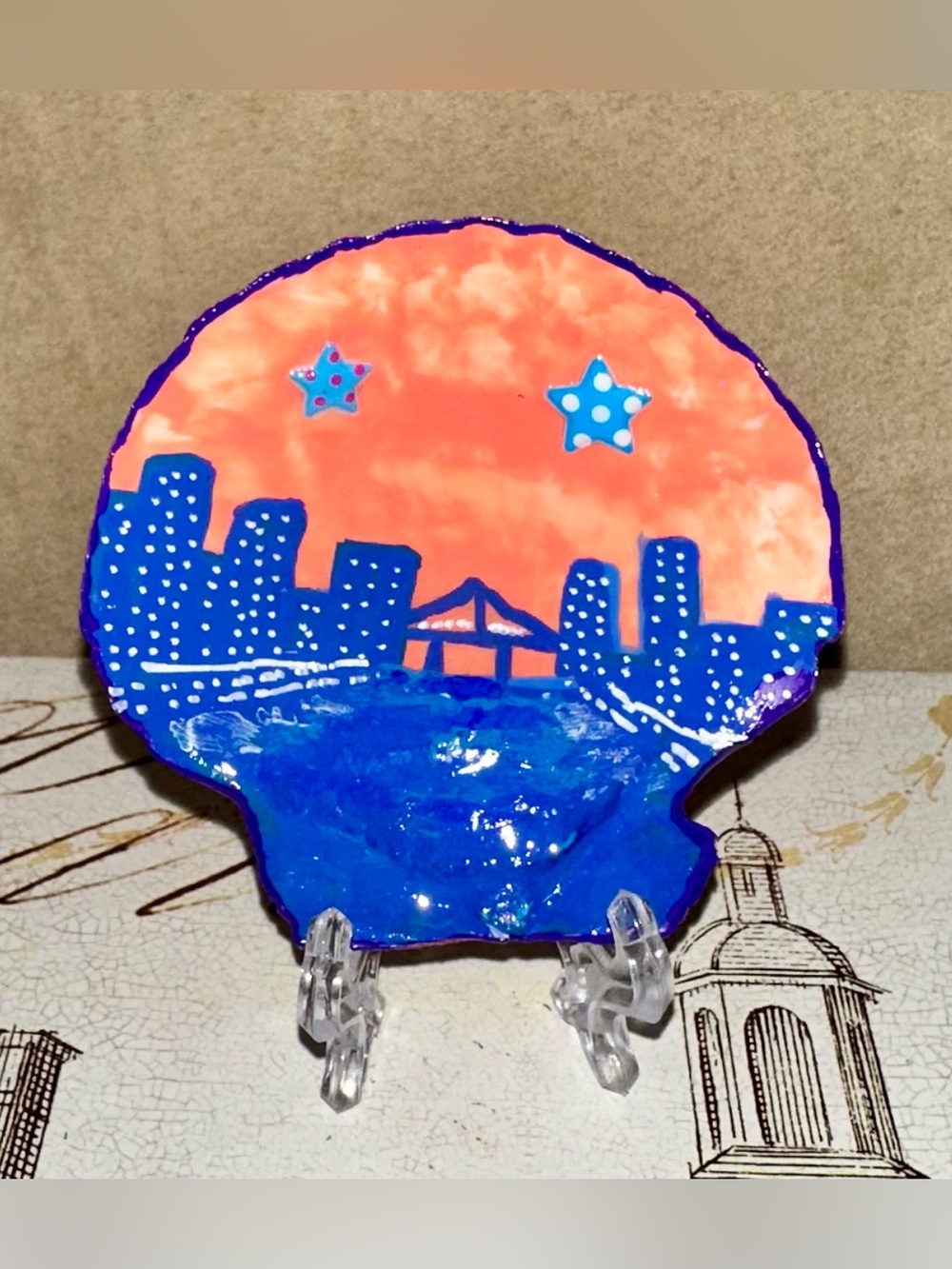 Handmade Painted Seashell Coastal Art City Skyline Display Piece